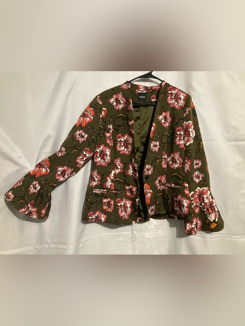 XOXO Olive Floral Open-Front Blazer with Pink & White Blooms